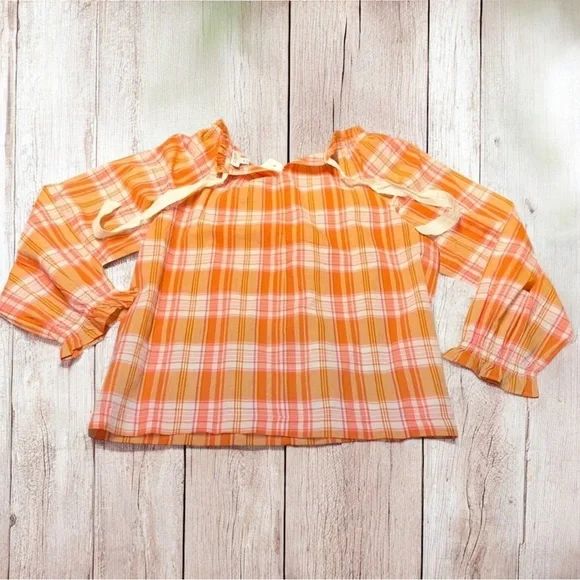 J. Crew Madras Plaid Ruffle Tie-Back 100% Cotton Orange Blouse Top ~ M ~ NWT - Picture 6 of 9